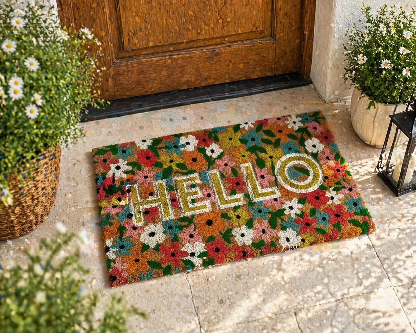 שטיח כניסה פרחים hello